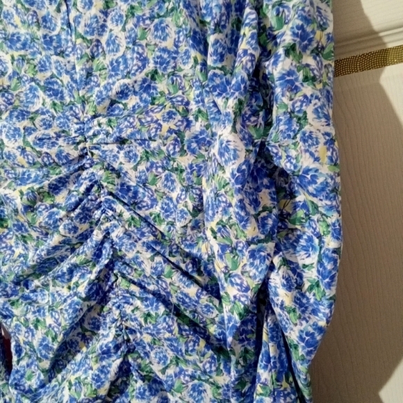 ZARA🐞Ruched Blue Floral Cotton Long Sleeve Blouse Sz: S - Picture 9 of 12